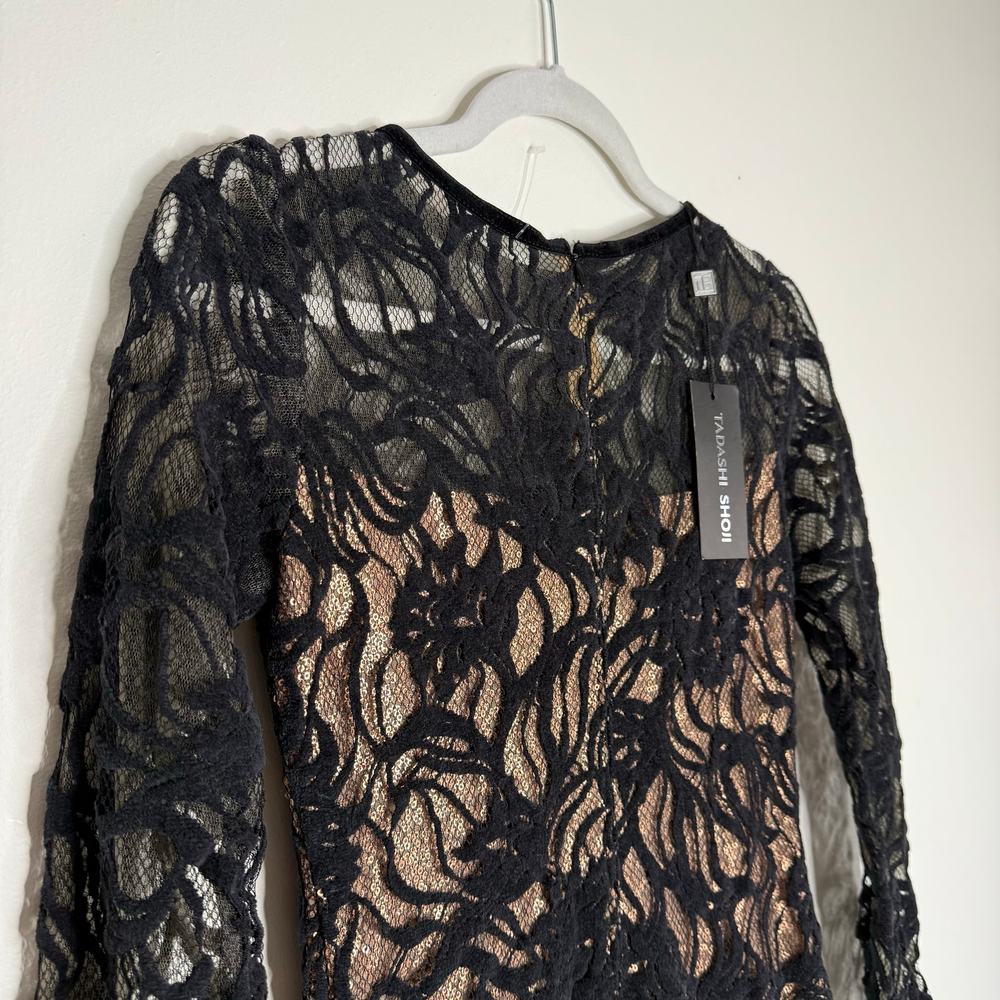 Tadashi Shoji Vita Sequin Floral Lace Over Bodycon Mini Dress 2 Black Sheath - Picture 3 of 13